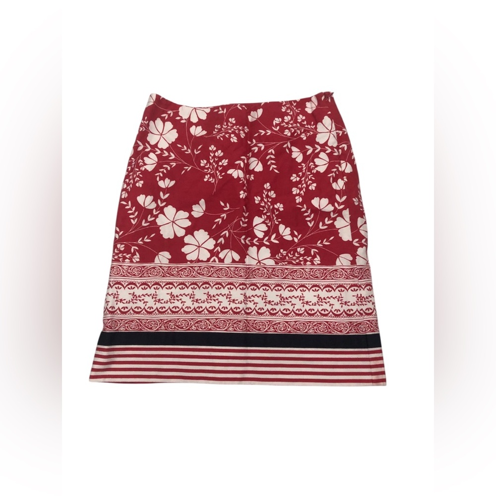 LOFT Red Floral A-Line Skirt with Border Stripe